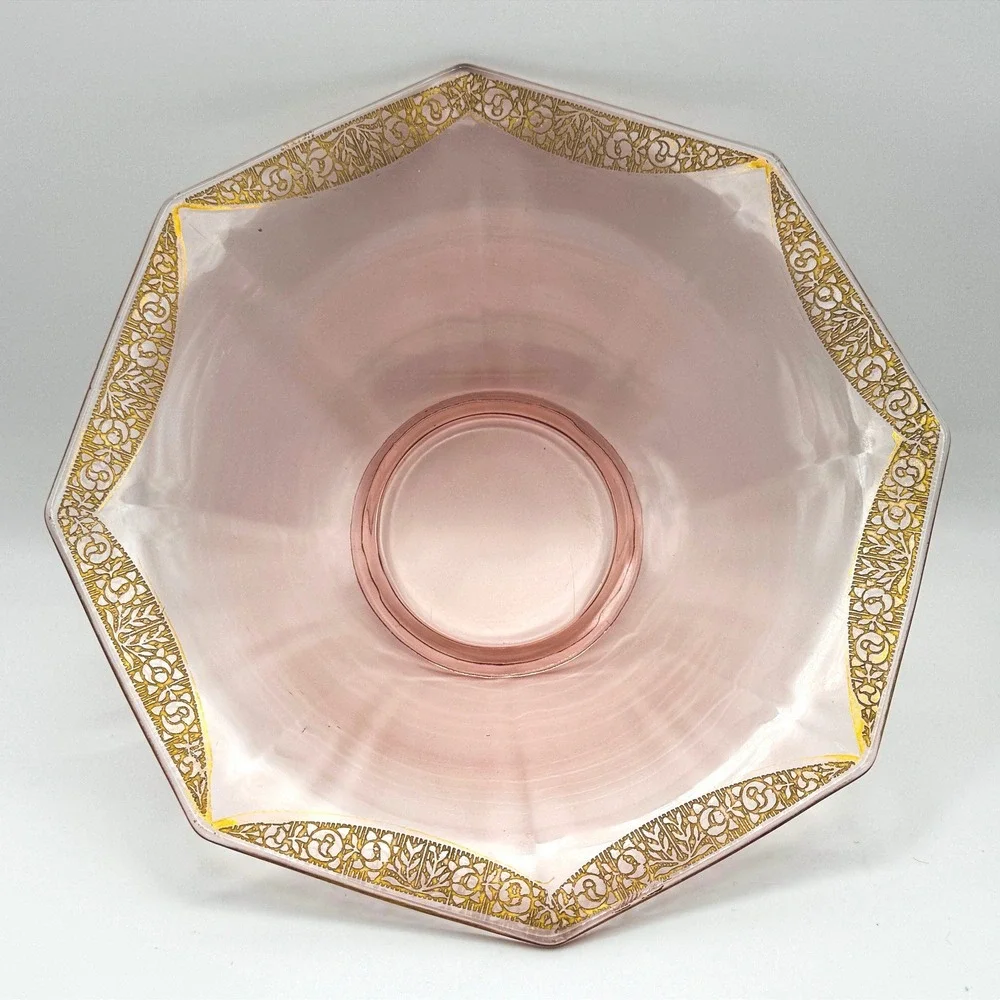 Vintage Pink Depression Glass Octagonal Bowl Gold Encrusted Floral Art Deco Lux